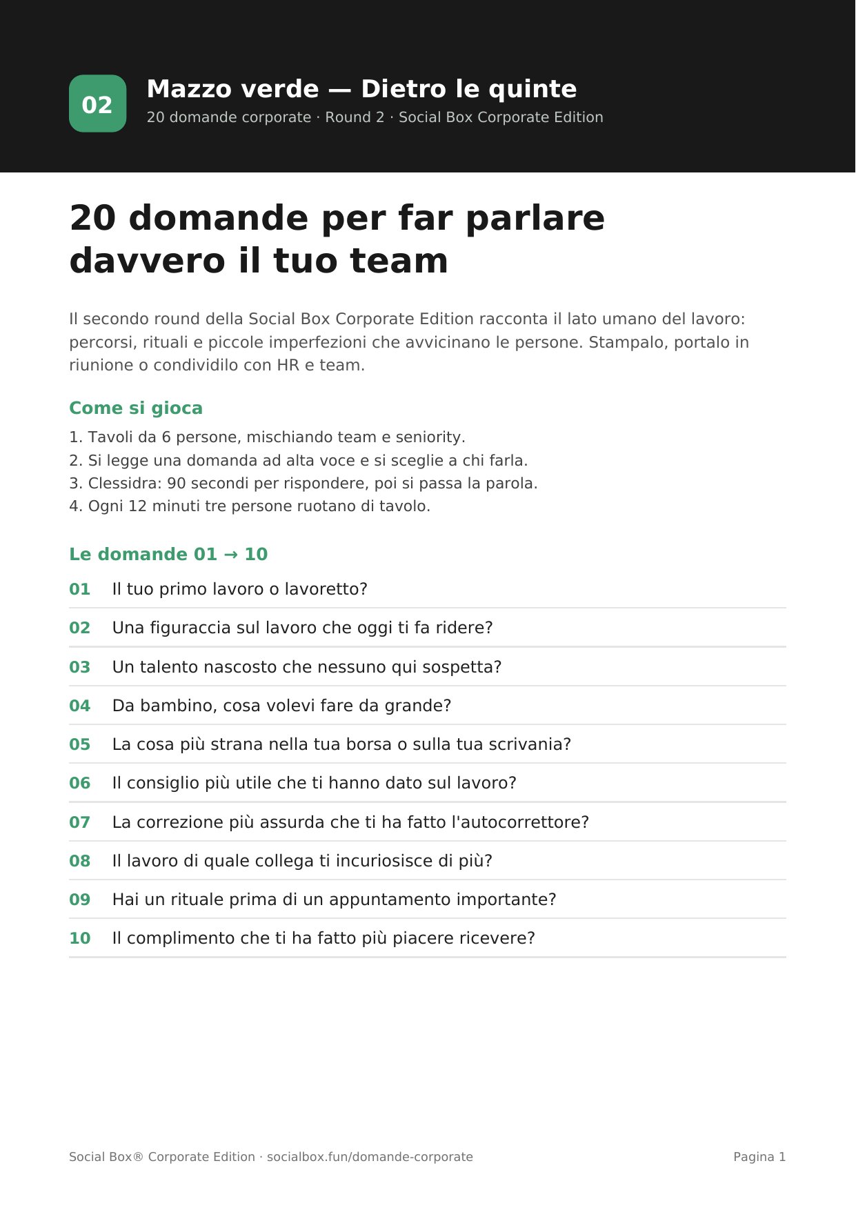 PDF mazzo verde “Dietro le quinte”, pagina 1 di 2 con le domande corporate
